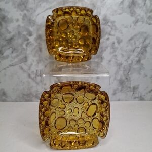 2x MCM Libbey 4" Warm Honey Amber Pebble Texture Glass Ashtrays Retro Vintage